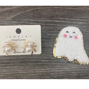NEW! Gold PEARL Spider Earrings And Ghost Patch - Halloween Set